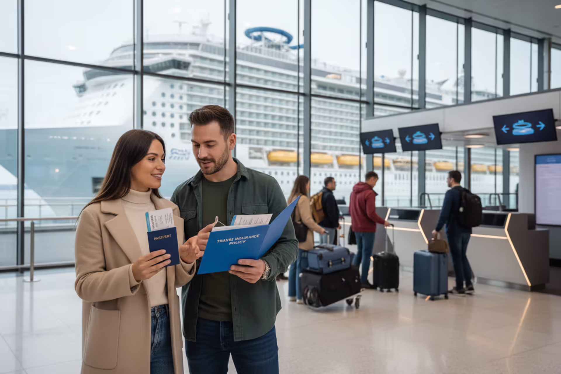 Travelers at a cruise terminal with insurance documents before boarding