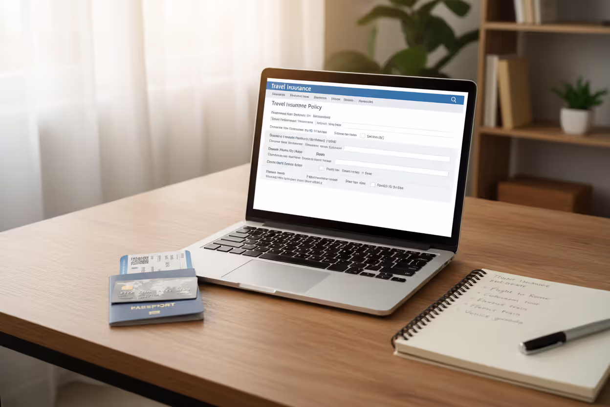 Traveler buying single trip travel insurance online before departure