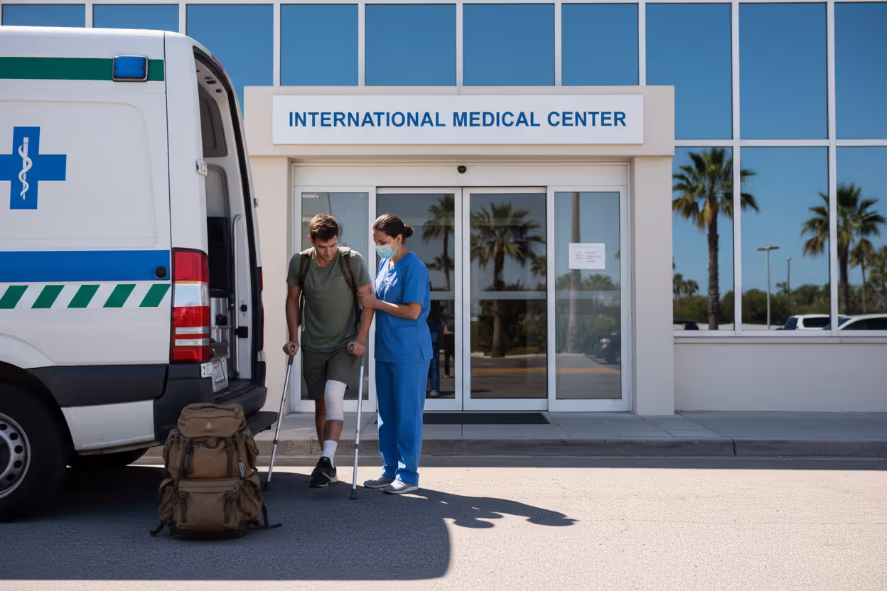 Injured traveler receiving emergency medical assistance abroad