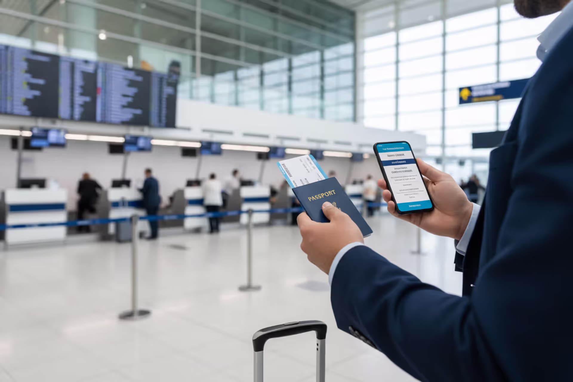 Traveler at airport reviewing passport, boarding pass, and travel insurance details