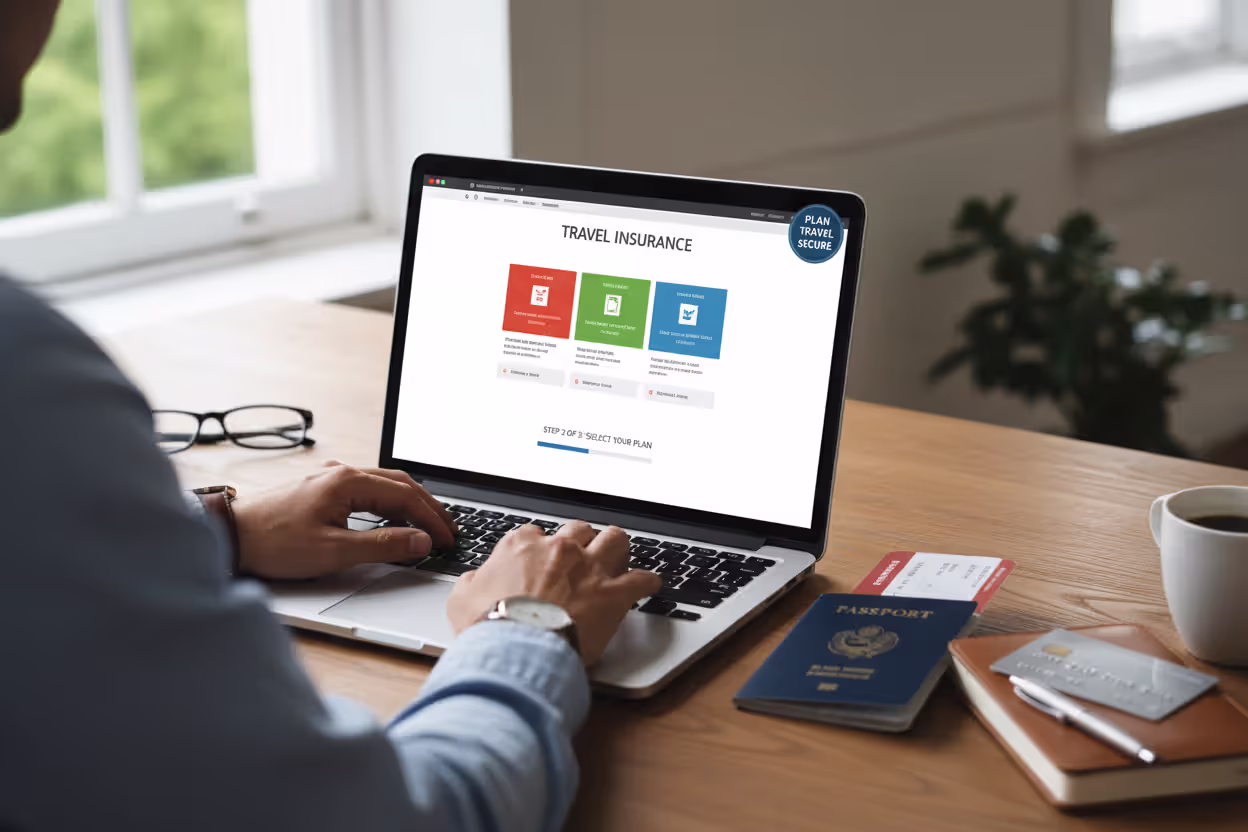 Person buying travel insurance online before a trip