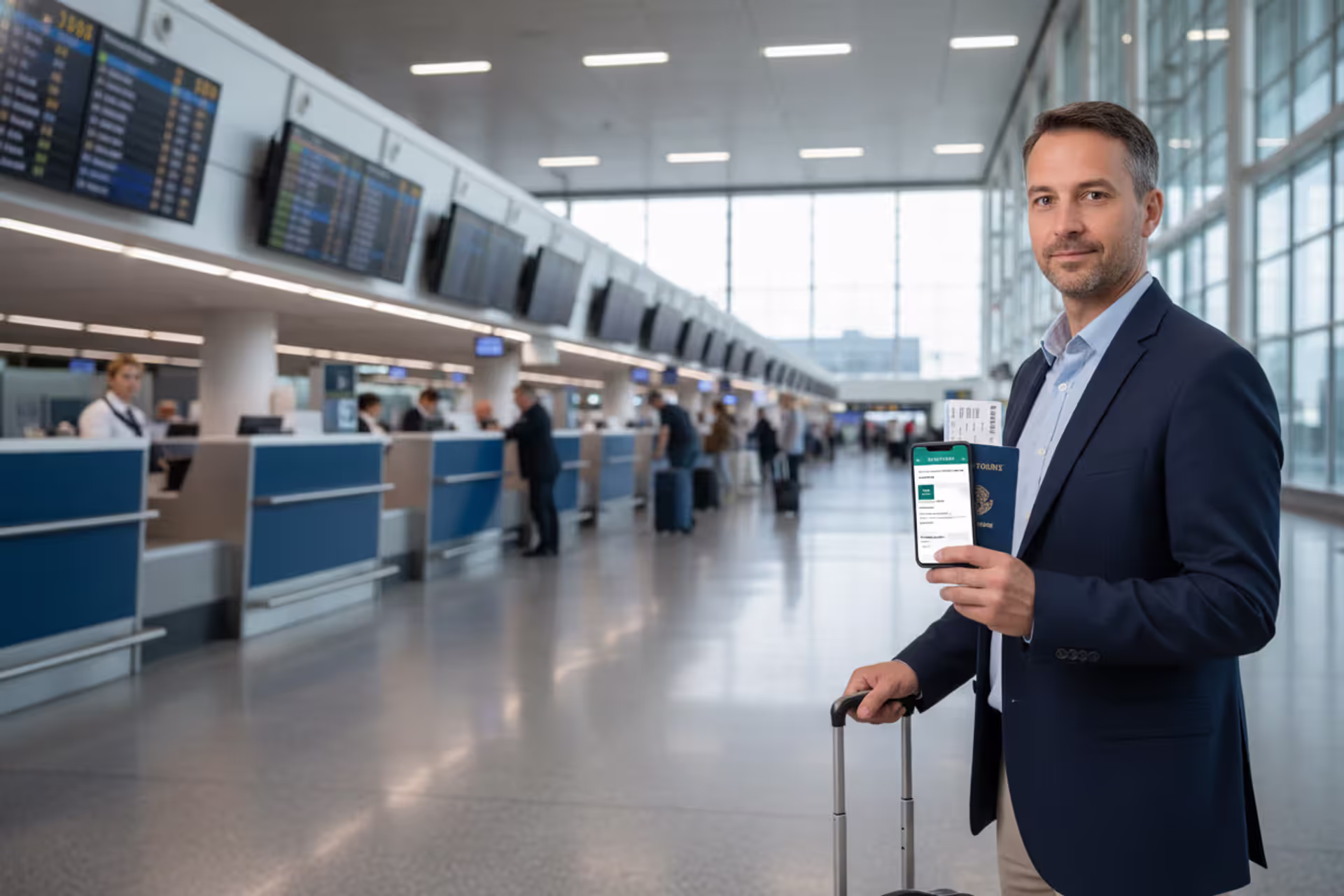 Traveler at airport with passport, suitcase, and travel insurance on phone