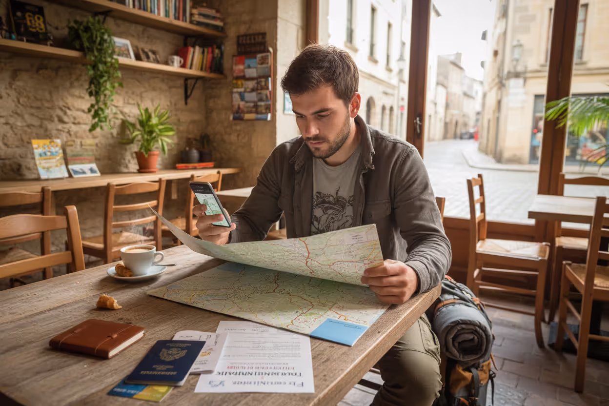 Traveler reviewing travel insurance documents in a foreign café