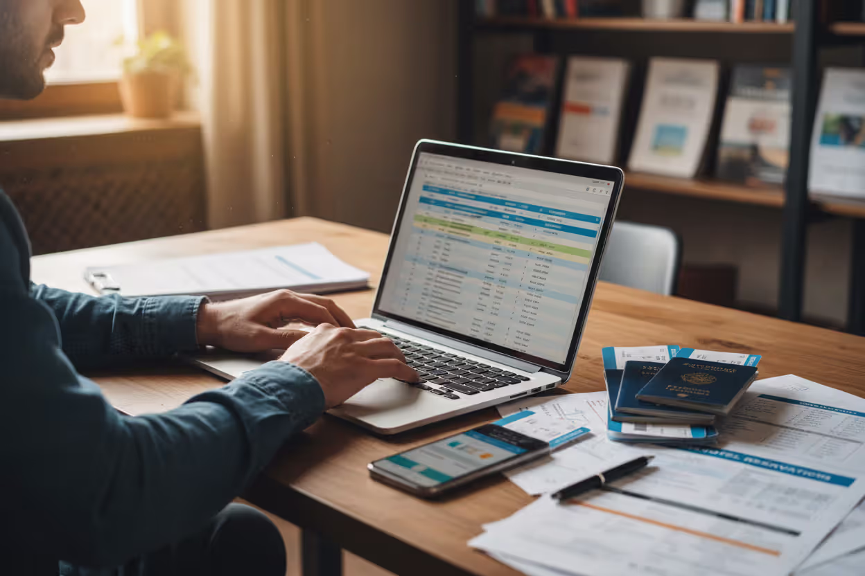 Trip organizer reviewing participant documents and passports