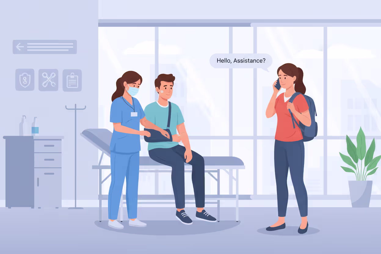 Traveler receiving medical assistance abroad while companion calls insurance support