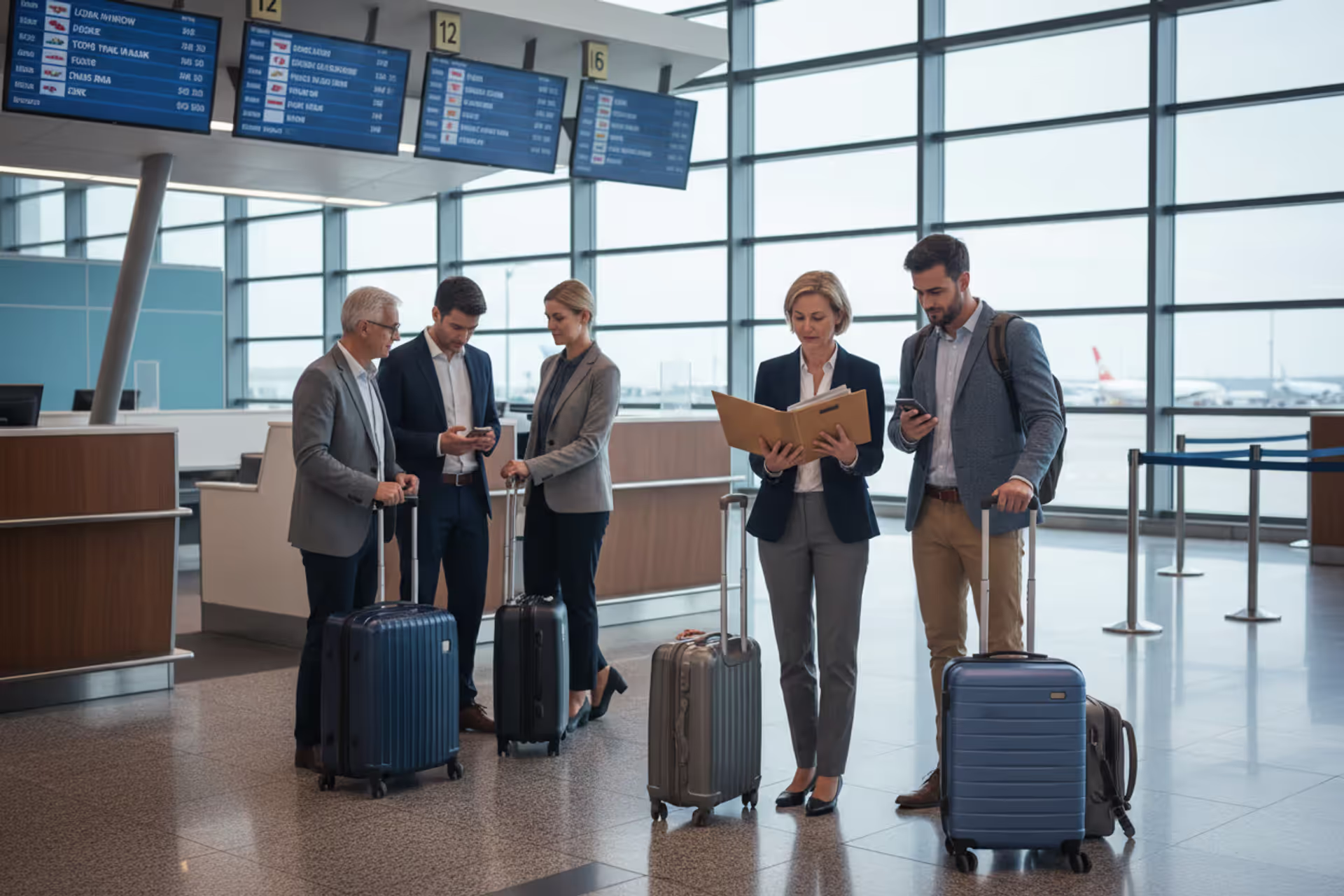 Diverse group of travelers at an airport preparing for a group trip
