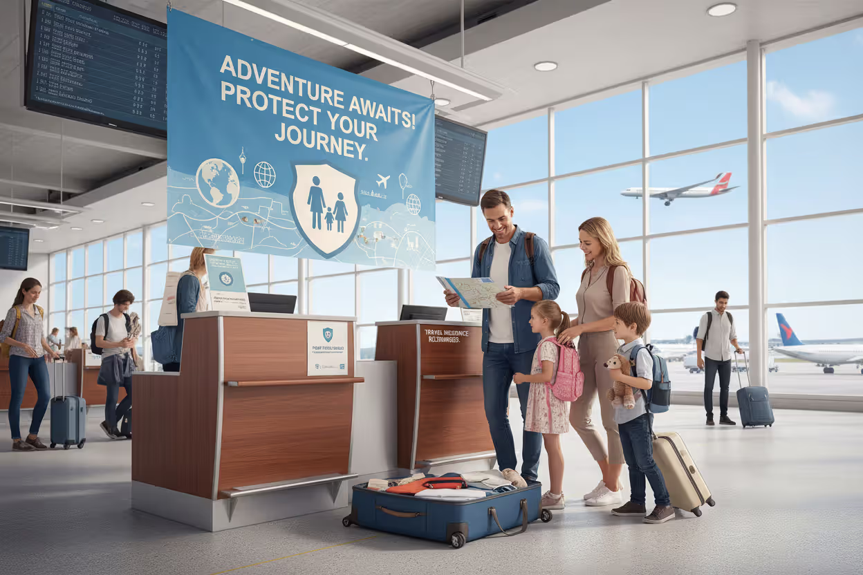 Family checking in for a trip with luggage and travel documents