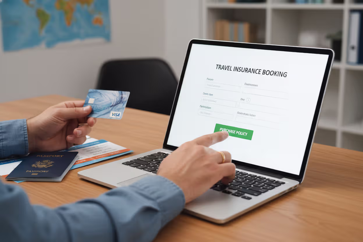 Buying travel insurance online with passport and travel documents