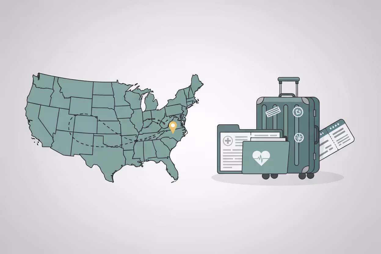 U.S. domestic travel insurance concept with map, luggage, medical card, and airline ticket