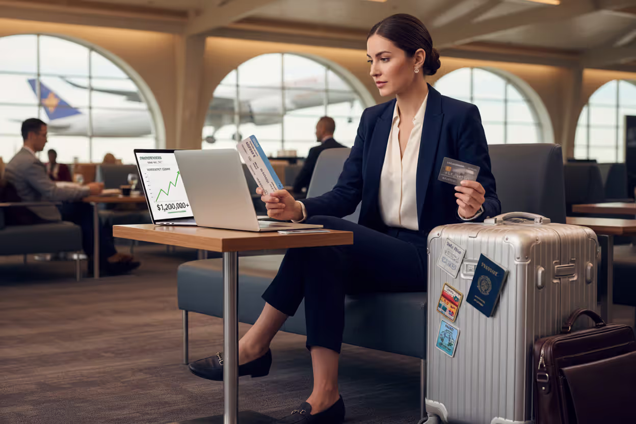 Business traveler comparing annual travel insurance savings