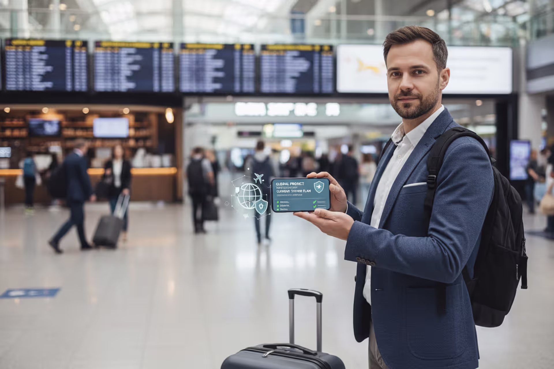 Traveler at airport holding smartphone with annual travel insurance concept