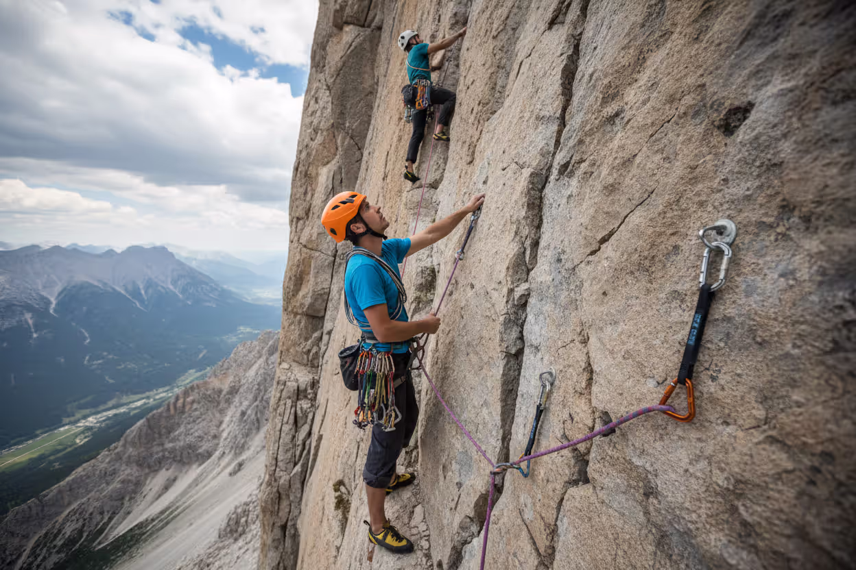 Climbers on a multi-pitch rock route using ropes and helmets
