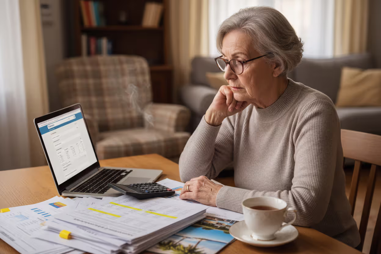 Senior woman comparing travel medical insurance plans at home