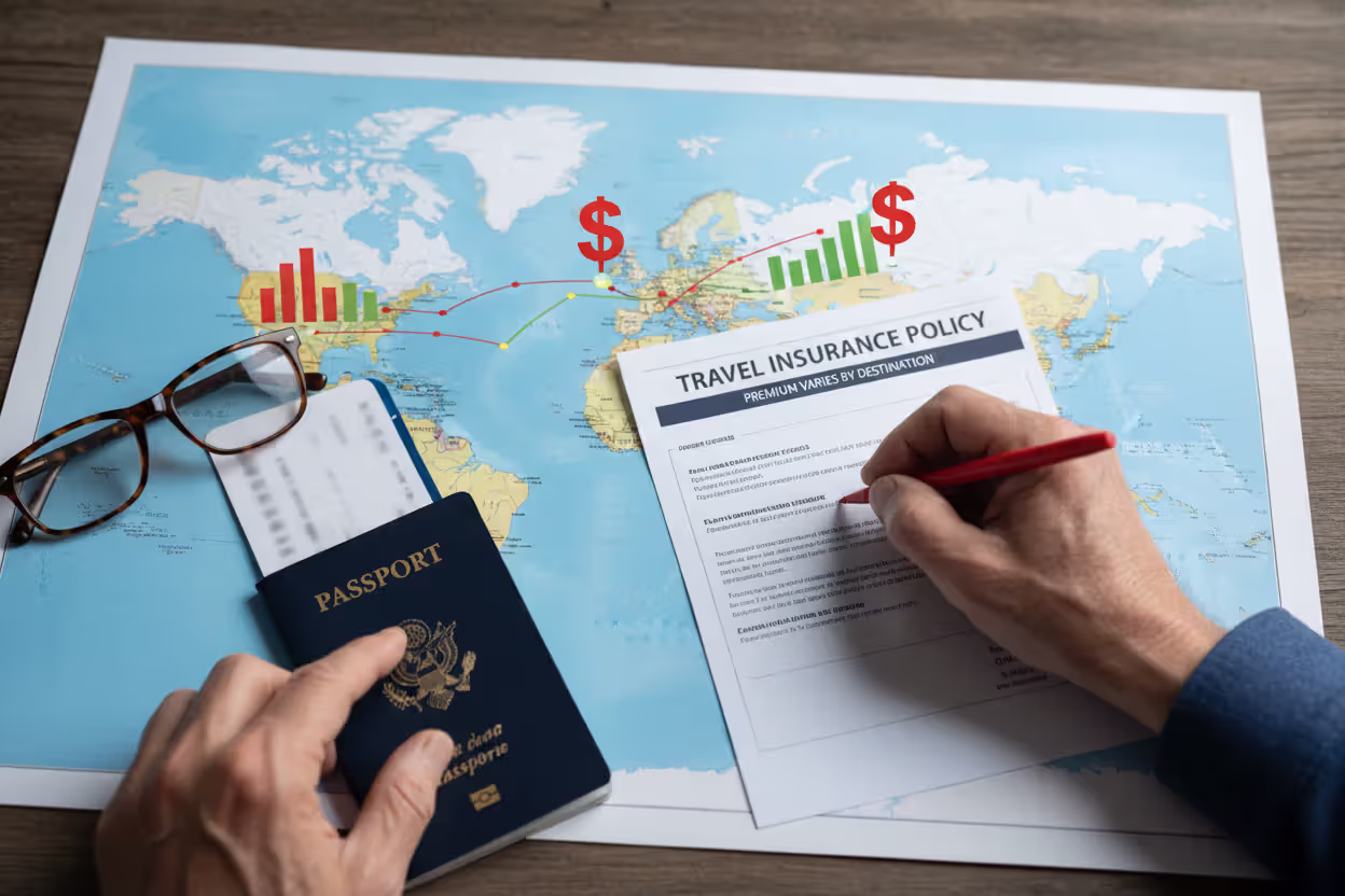 Travel planning materials showing destinations that affect insurance costs