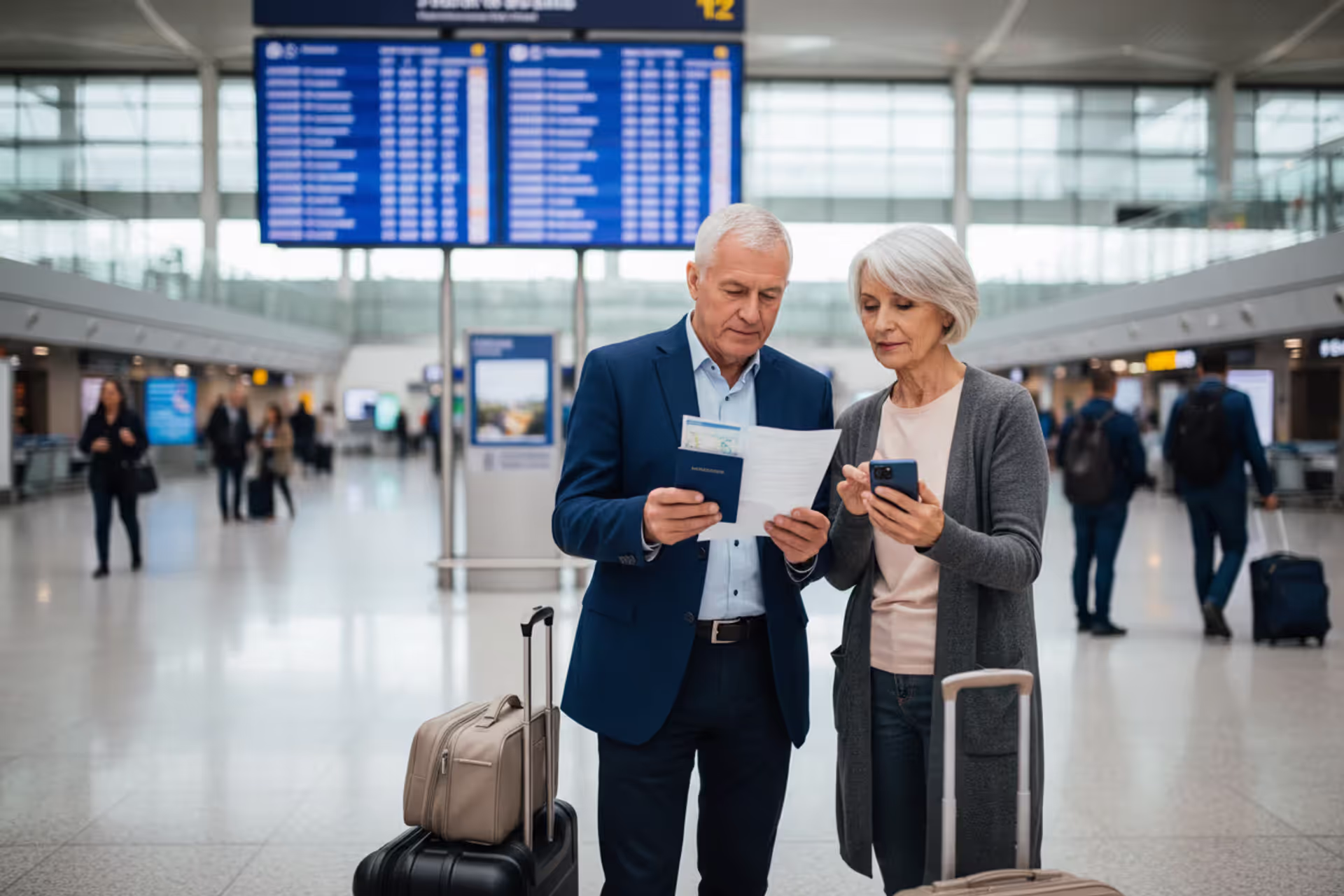Senior couple at an international airport reviewing travel insurance documents