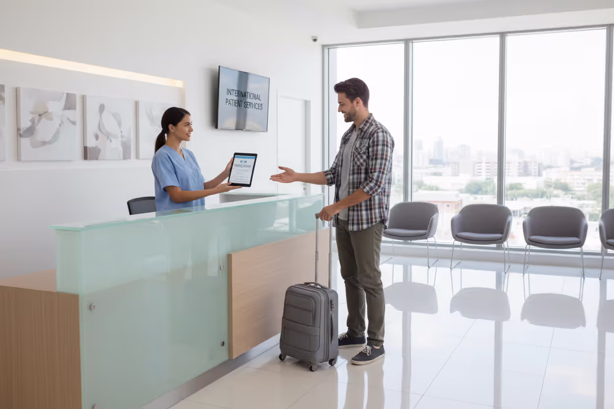 Traveler receiving emergency assistance at an international hospital