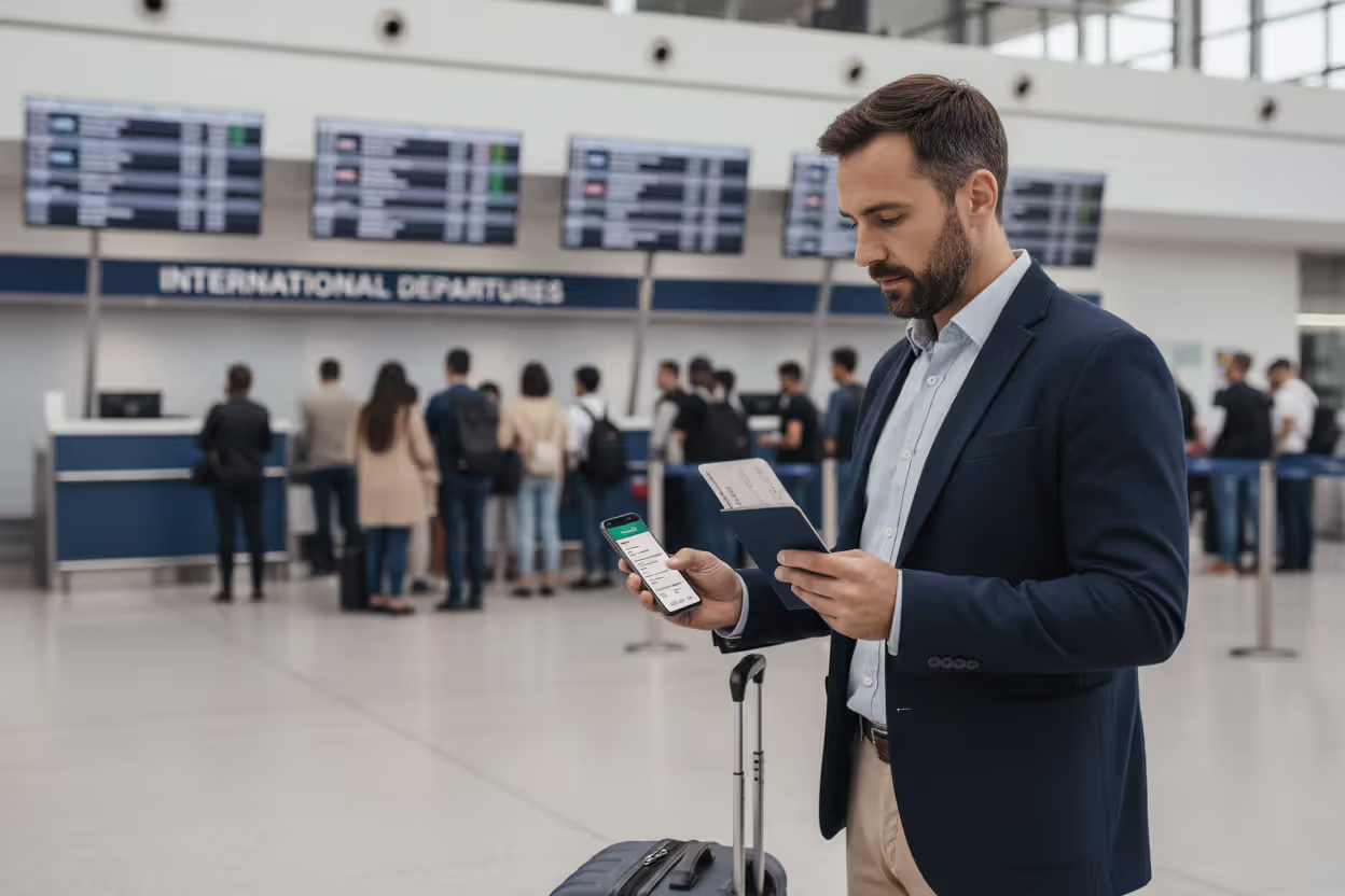 Traveler comparing travel medical insurance plans before a trip