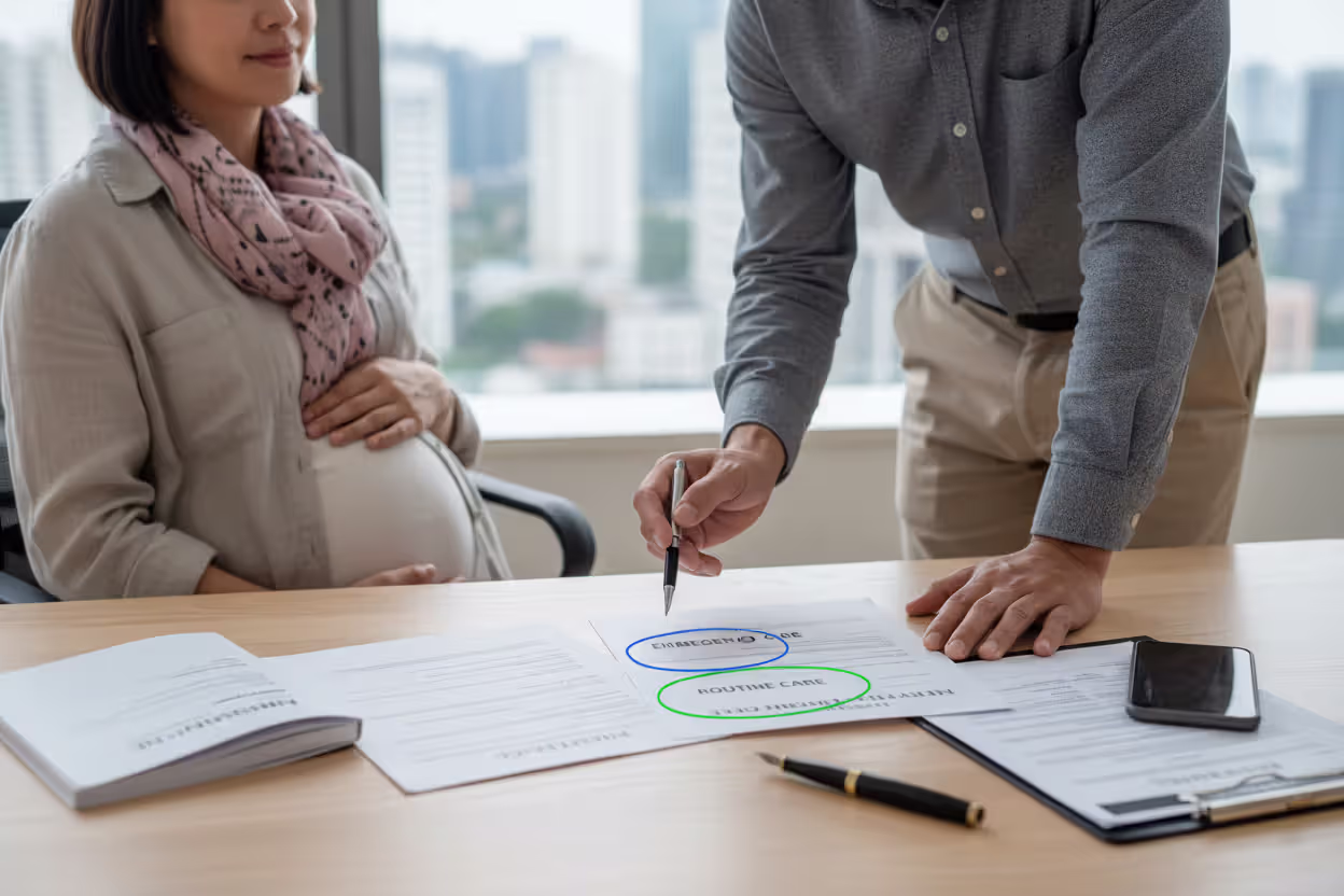 Pregnant woman reviewing travel insurance coverage with an advisor