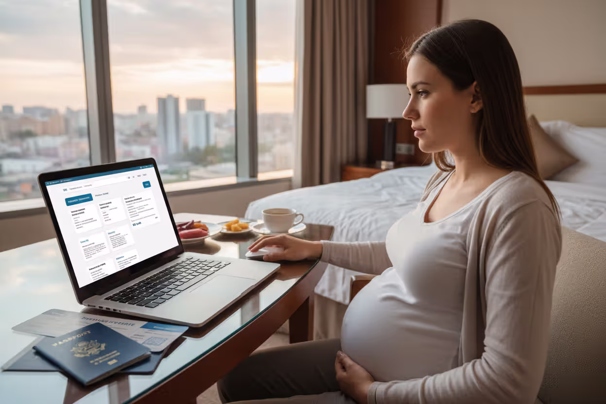 Pregnant traveler comparing insurance plans on a laptop