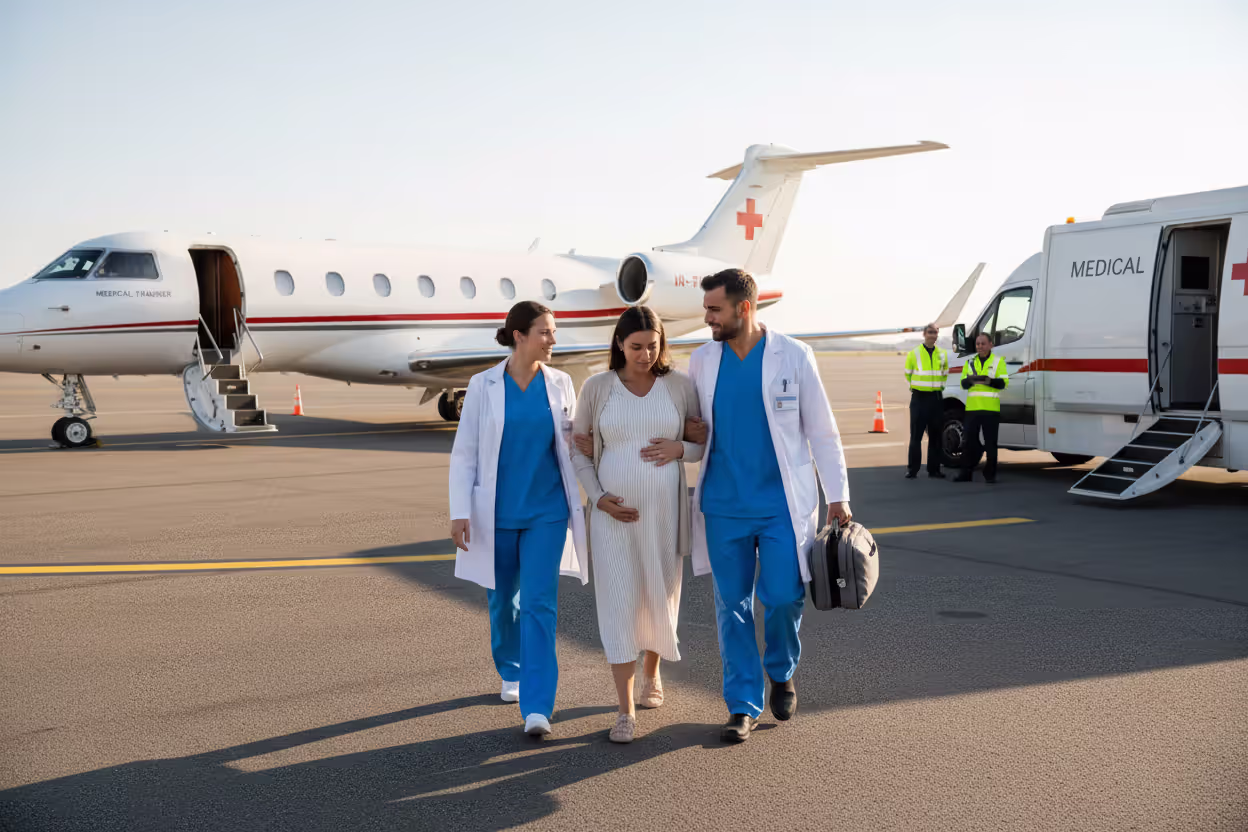 Pregnant patient receiving emergency medical transport assistance