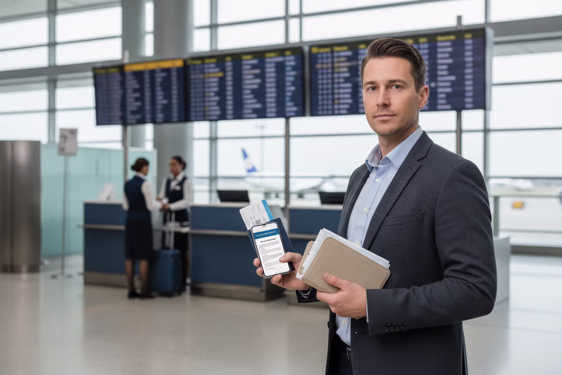 Traveler at airport reviewing travel insurance documents before departure