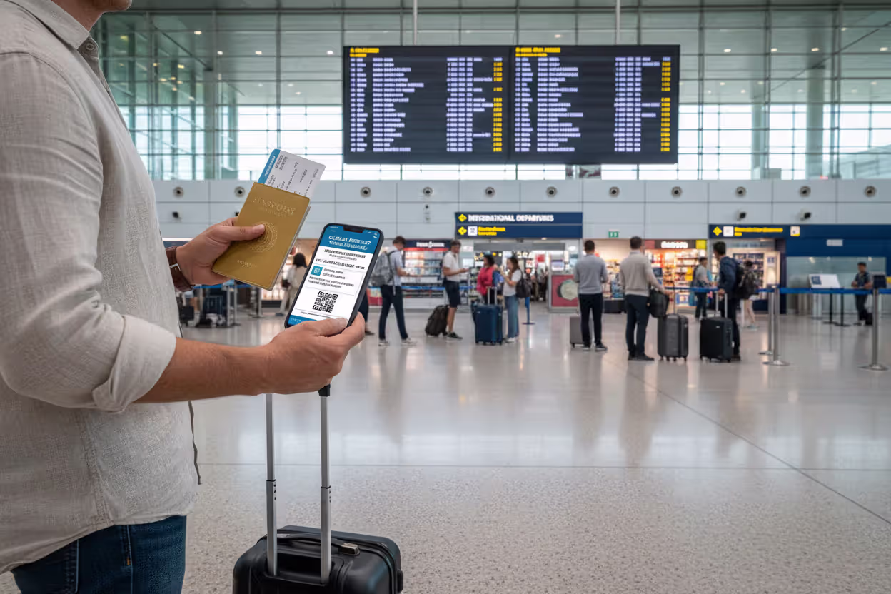 Tourist experiencing a medical emergency abroad near a hospital entrance