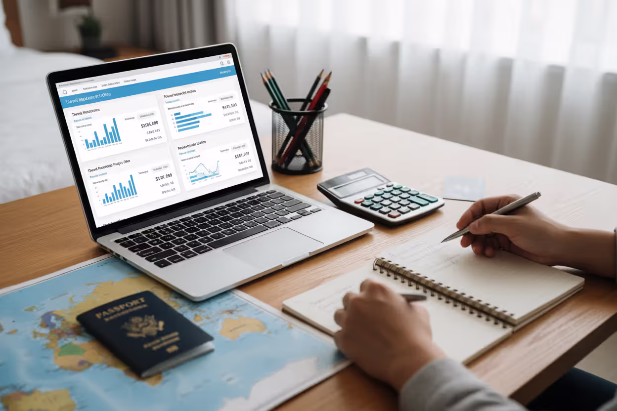 Traveler reviewing travel insurance costs and coverage options on a laptop