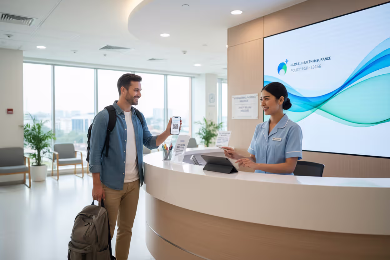 Traveler checking in at an international clinic with insurance information