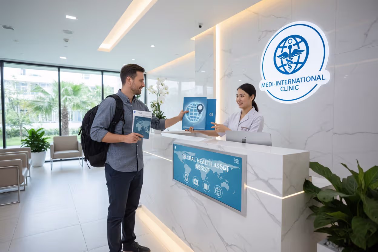 Traveler registering at an international hospital reception desk