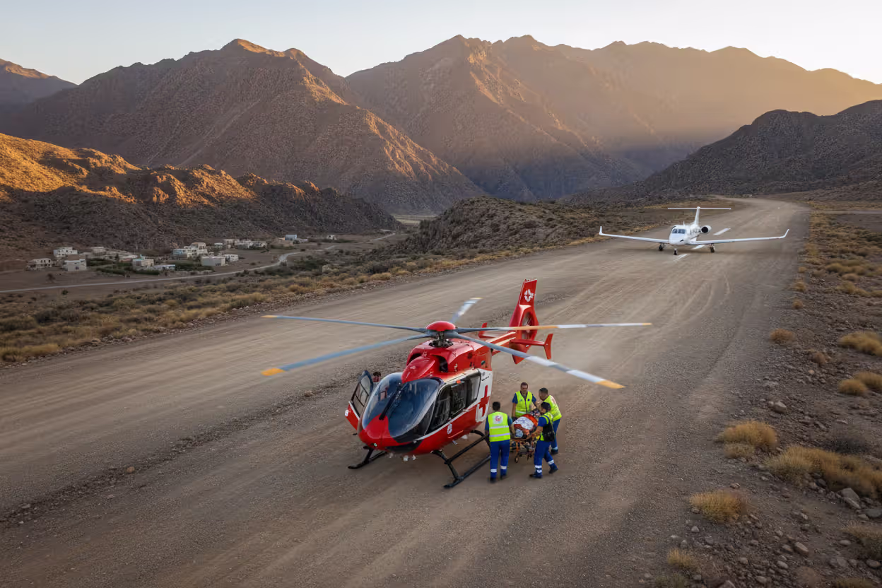 Medical evacuation helicopter with emergency team and stretcher