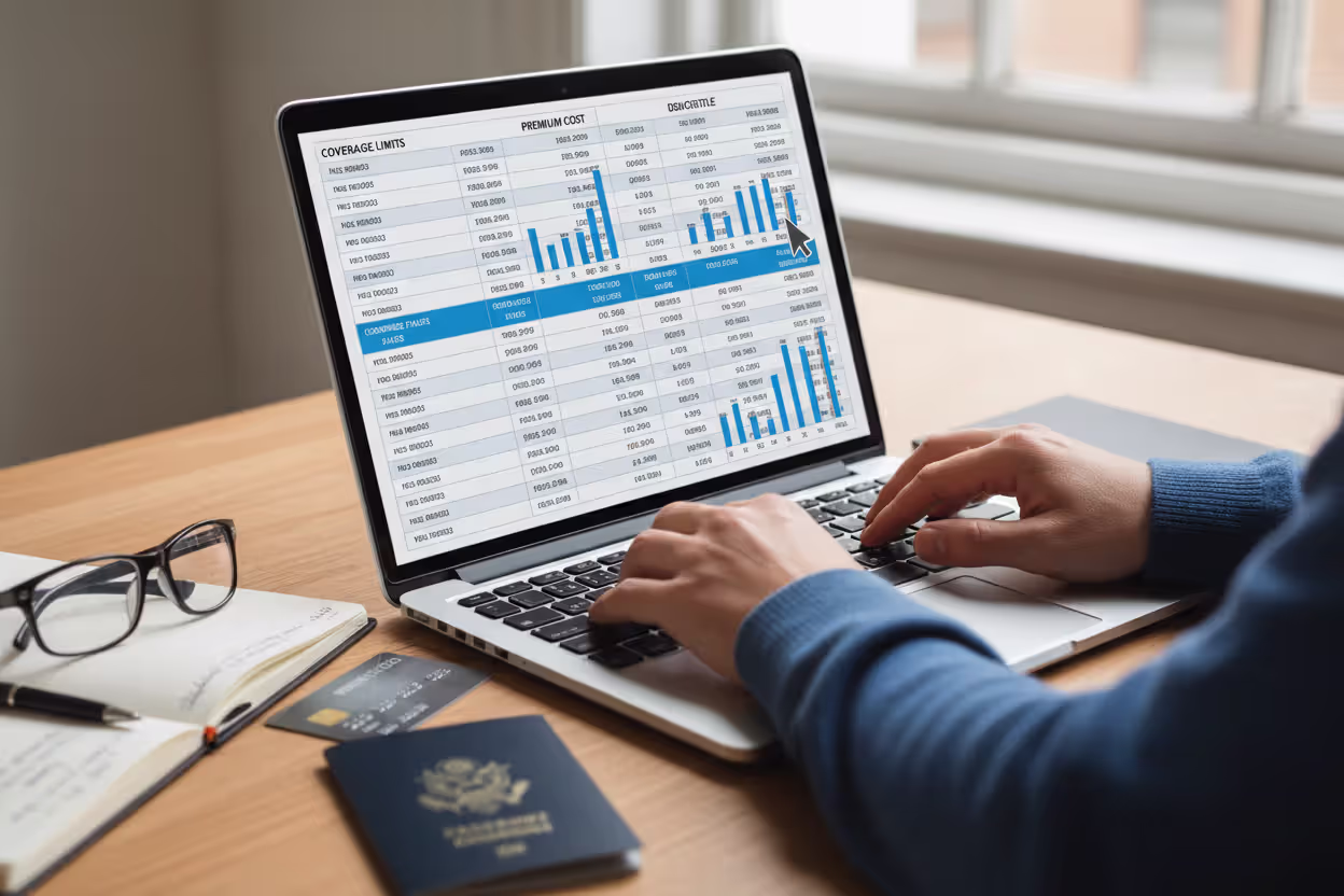 Traveler comparing travel insurance plans on laptop