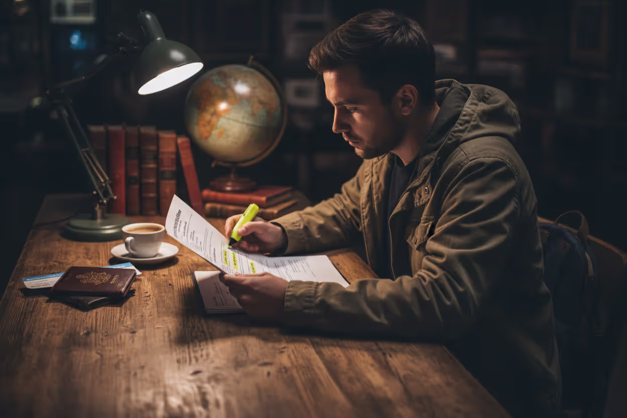 Traveler reviewing insurance policy exclusions and coverage details