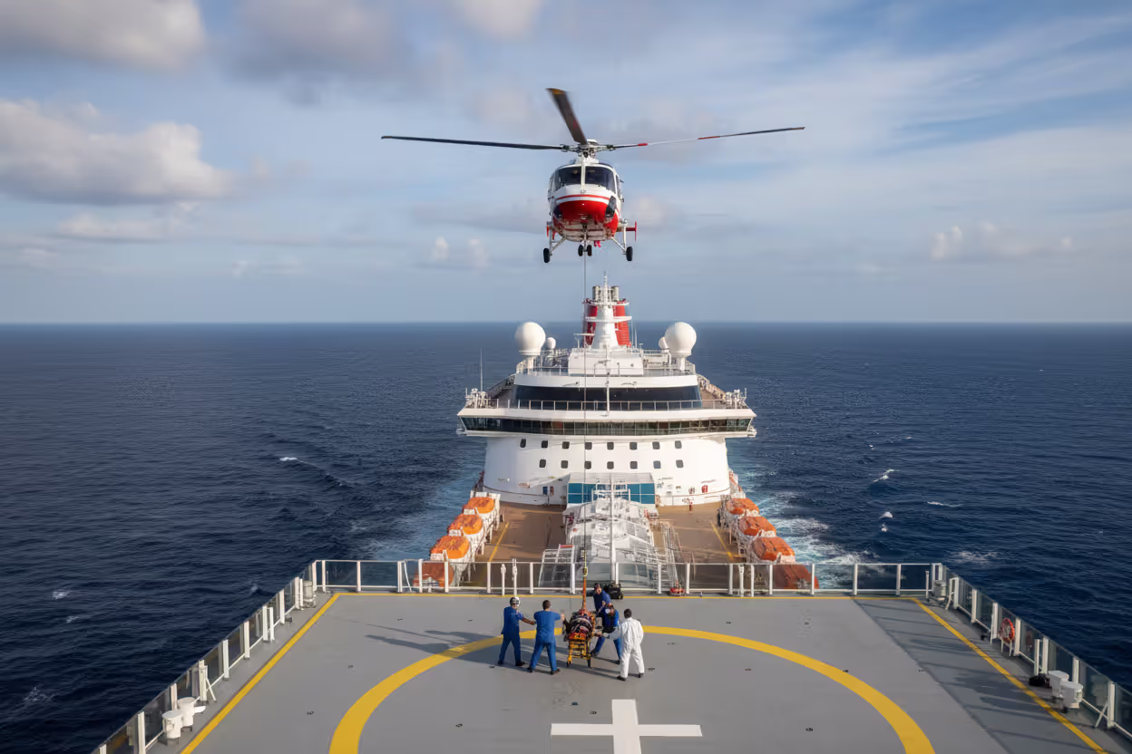 Medical helicopter evacuation from a cruise ship at sea