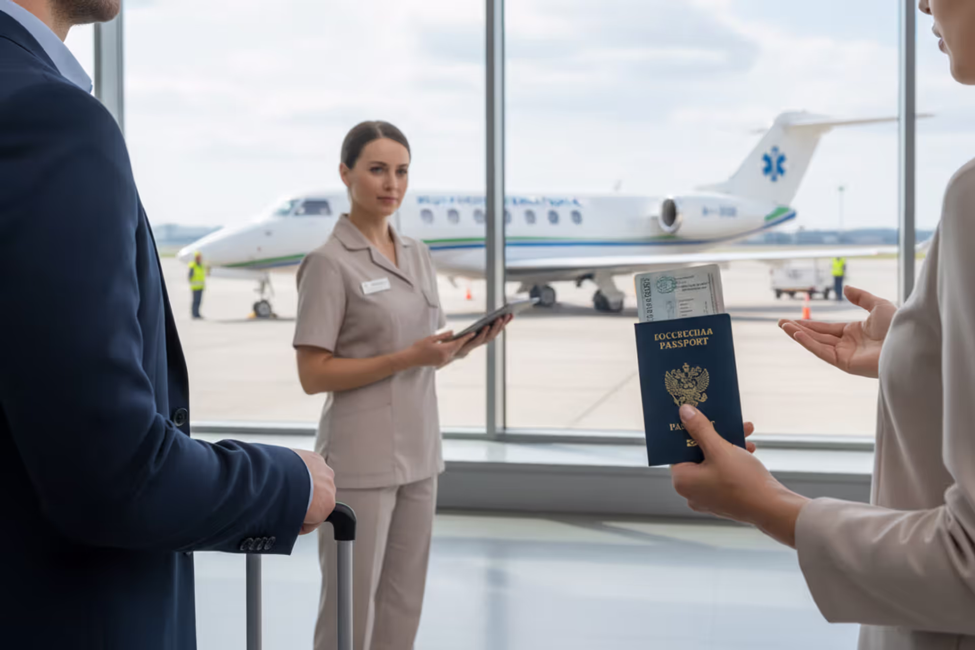 Traveler and medical evacuation aircraft at an international airport