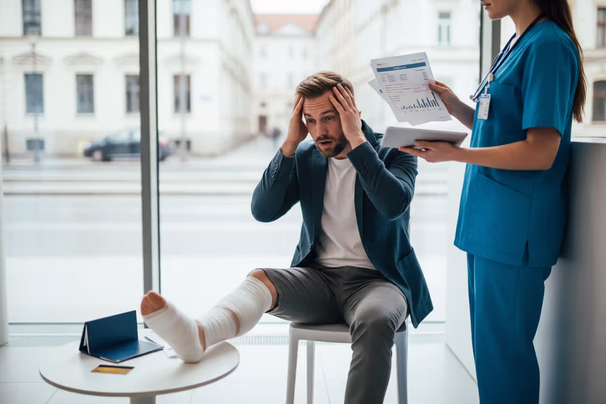 Injured traveler in a foreign hospital reviewing medical paperwork