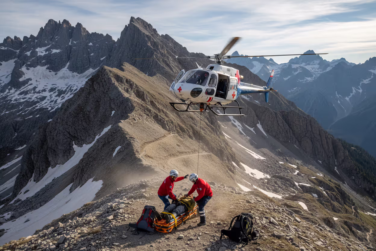 Medical helicopter evacuating an injured traveler from a remote mountain area