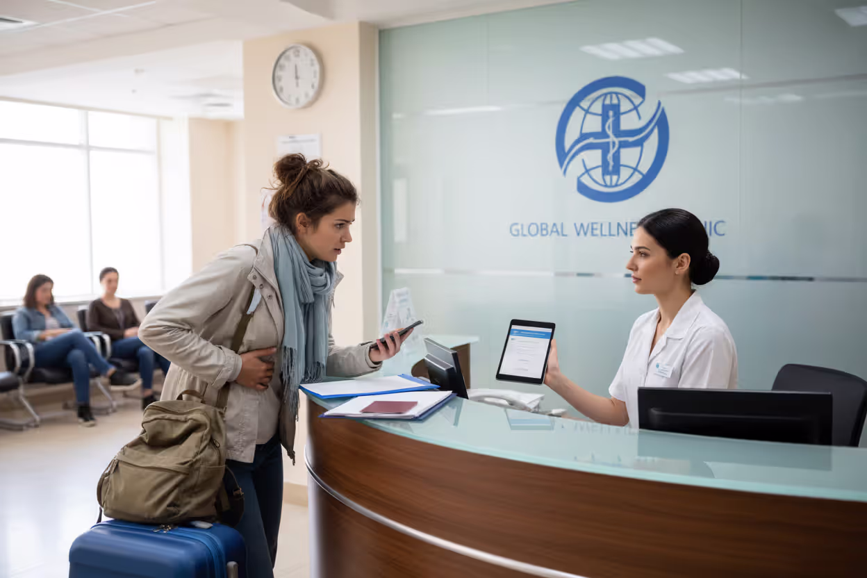 Traveler speaking with hospital reception staff abroad