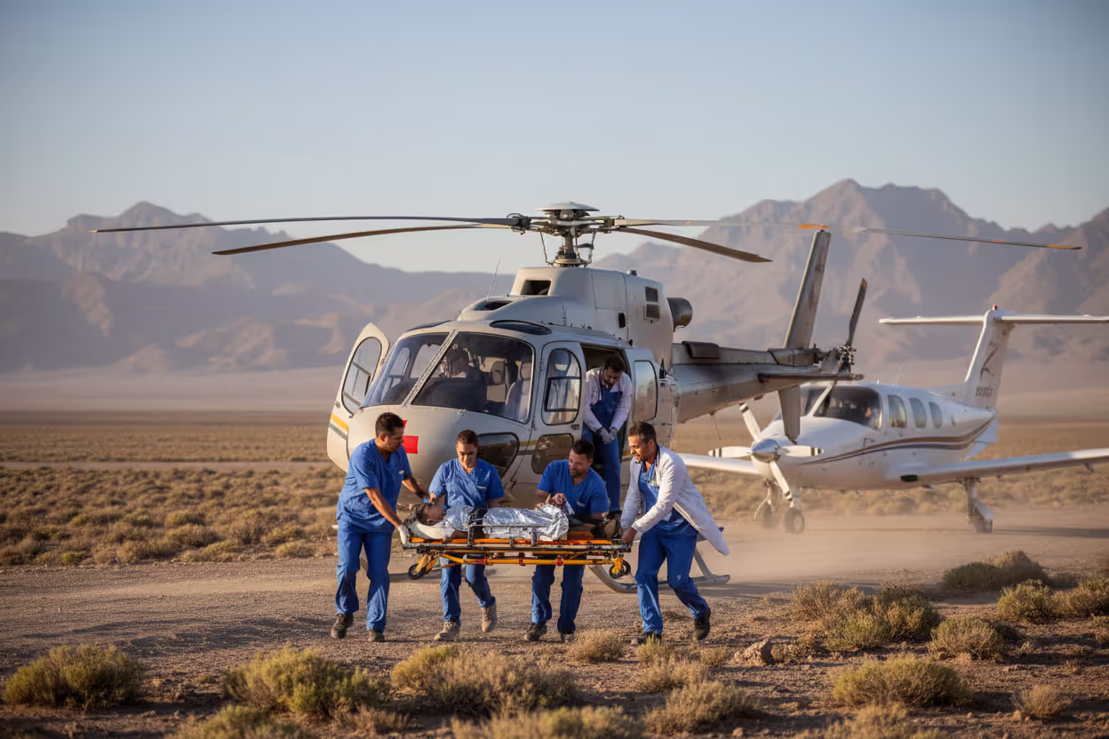 Medical evacuation of an injured traveler to an air ambulance