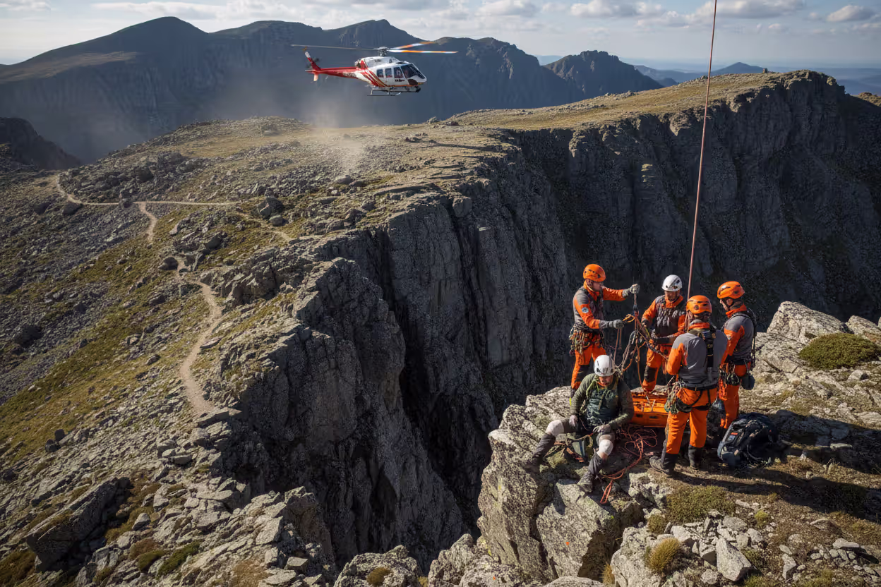 Rescue team preparing a medical evacuation in a remote adventure travel location