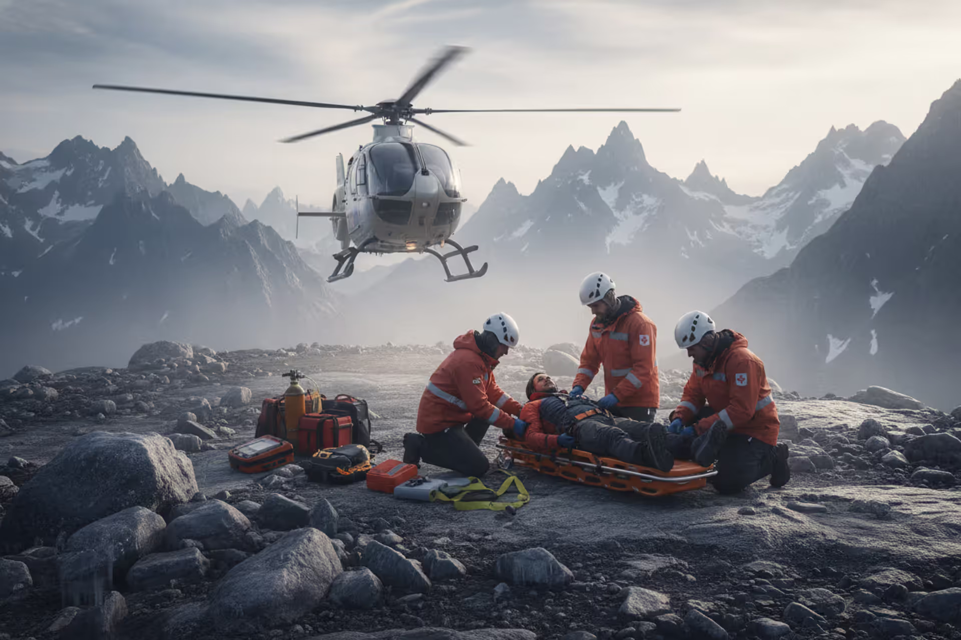 Medical helicopter evacuating an injured hiker in a remote mountain area