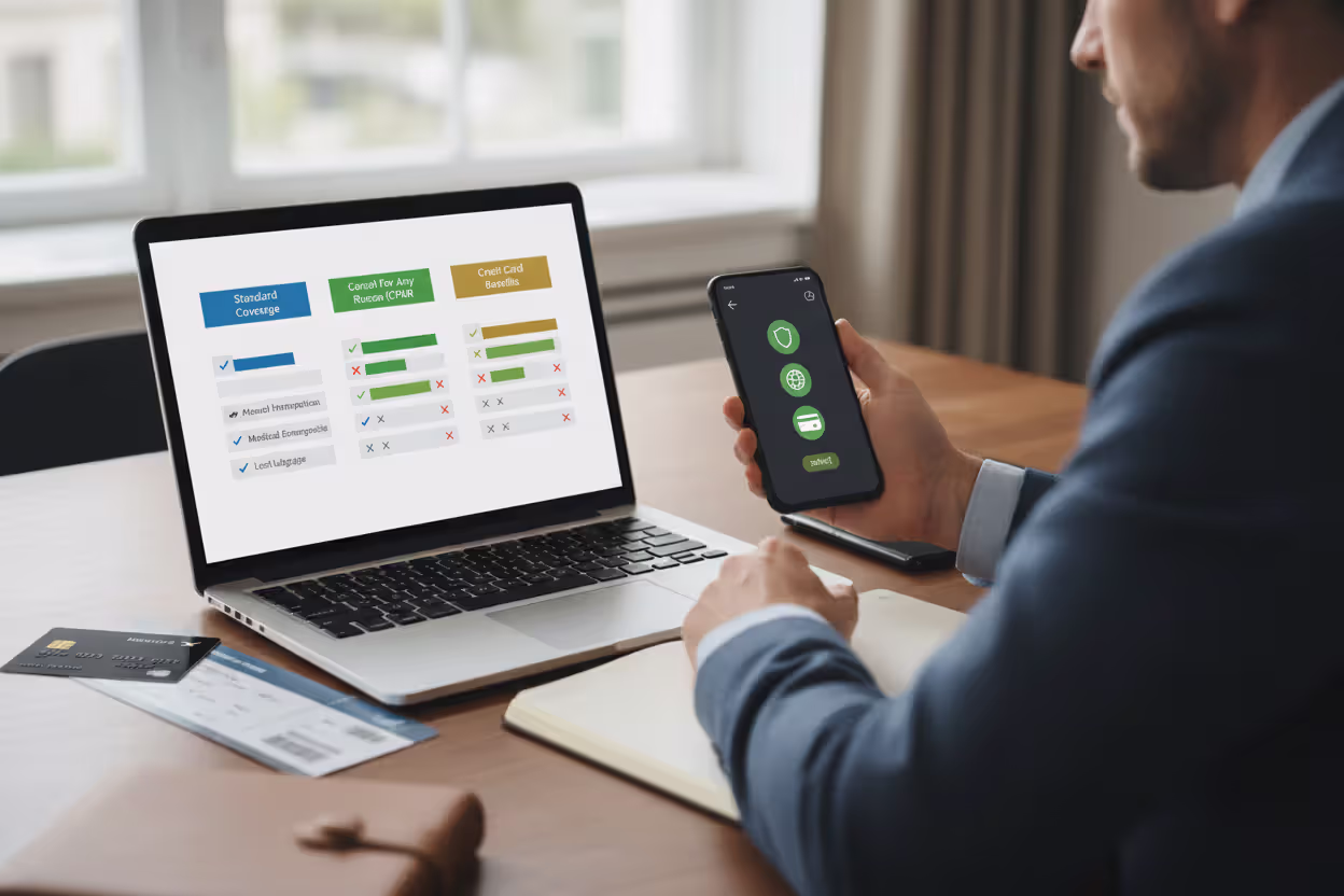 Traveler comparing travel insurance options and credit card coverage