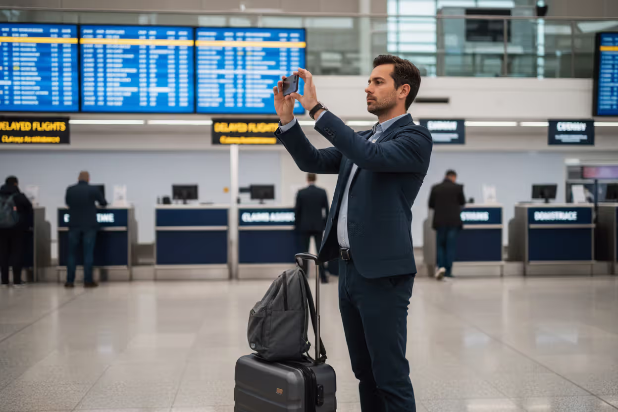 Traveler documenting a flight disruption with a smartphone at the airport