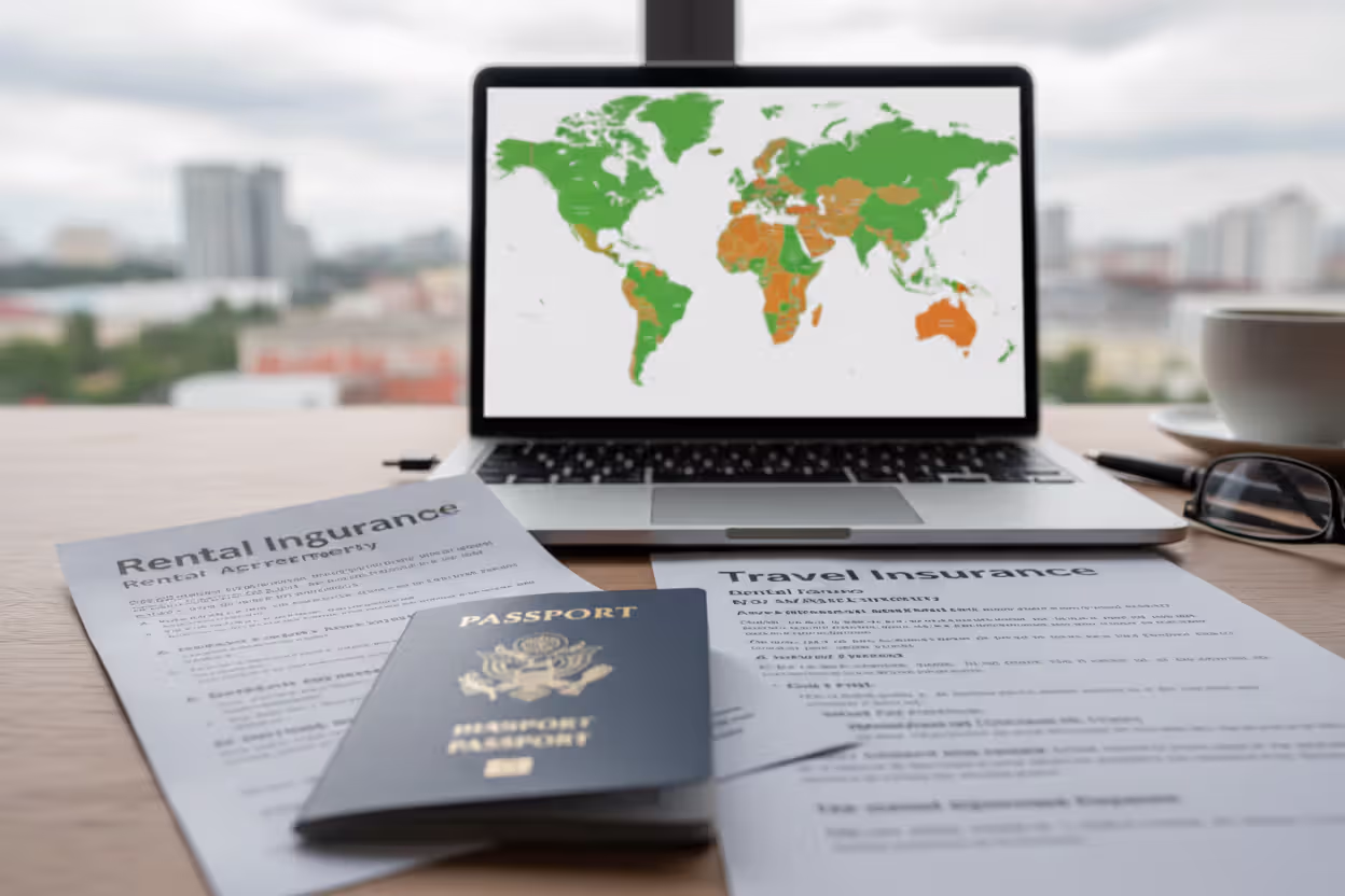 Traveler checking rental car insurance documents and country coverage