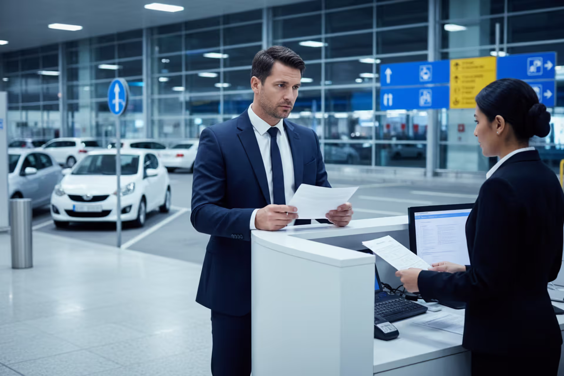 Traveler at a rental car counter with a compact rental vehicle at an airport