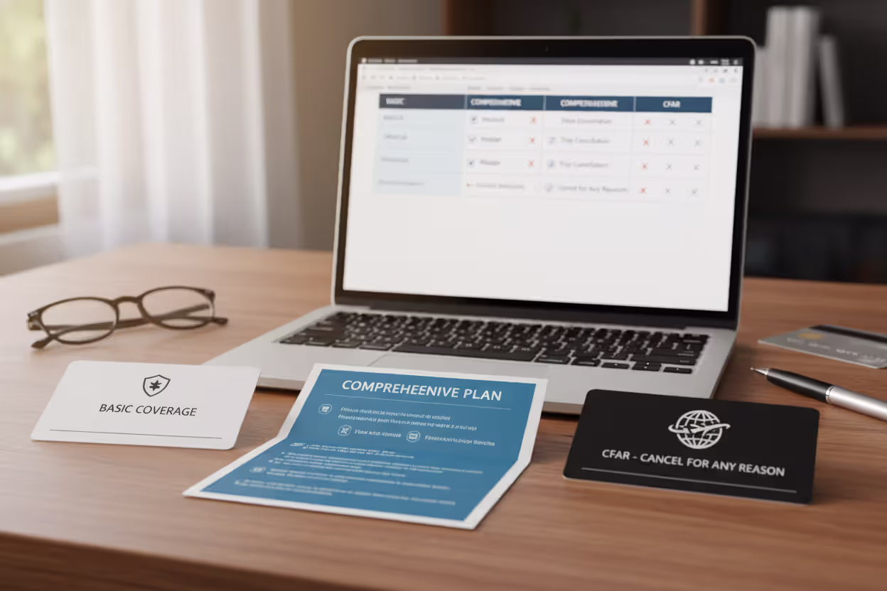 Comparison of travel insurance policy options on a desk before purchase