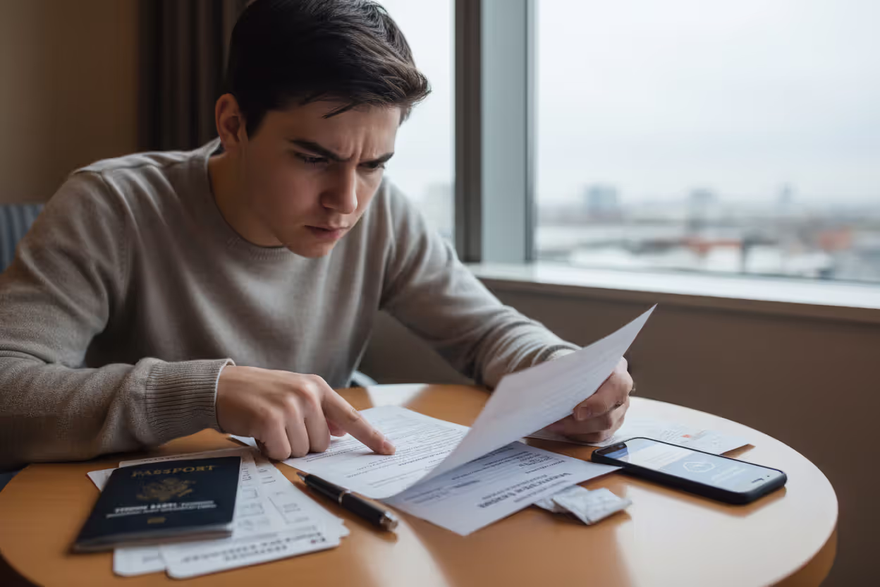Traveler reviewing travel insurance exclusions while monitoring a storm alert