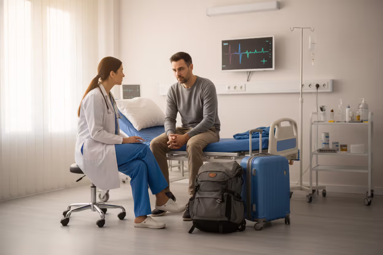Traveler receiving medical care in a foreign hospital