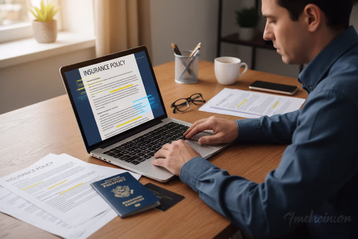 Person reviewing travel insurance policy documents on a laptop