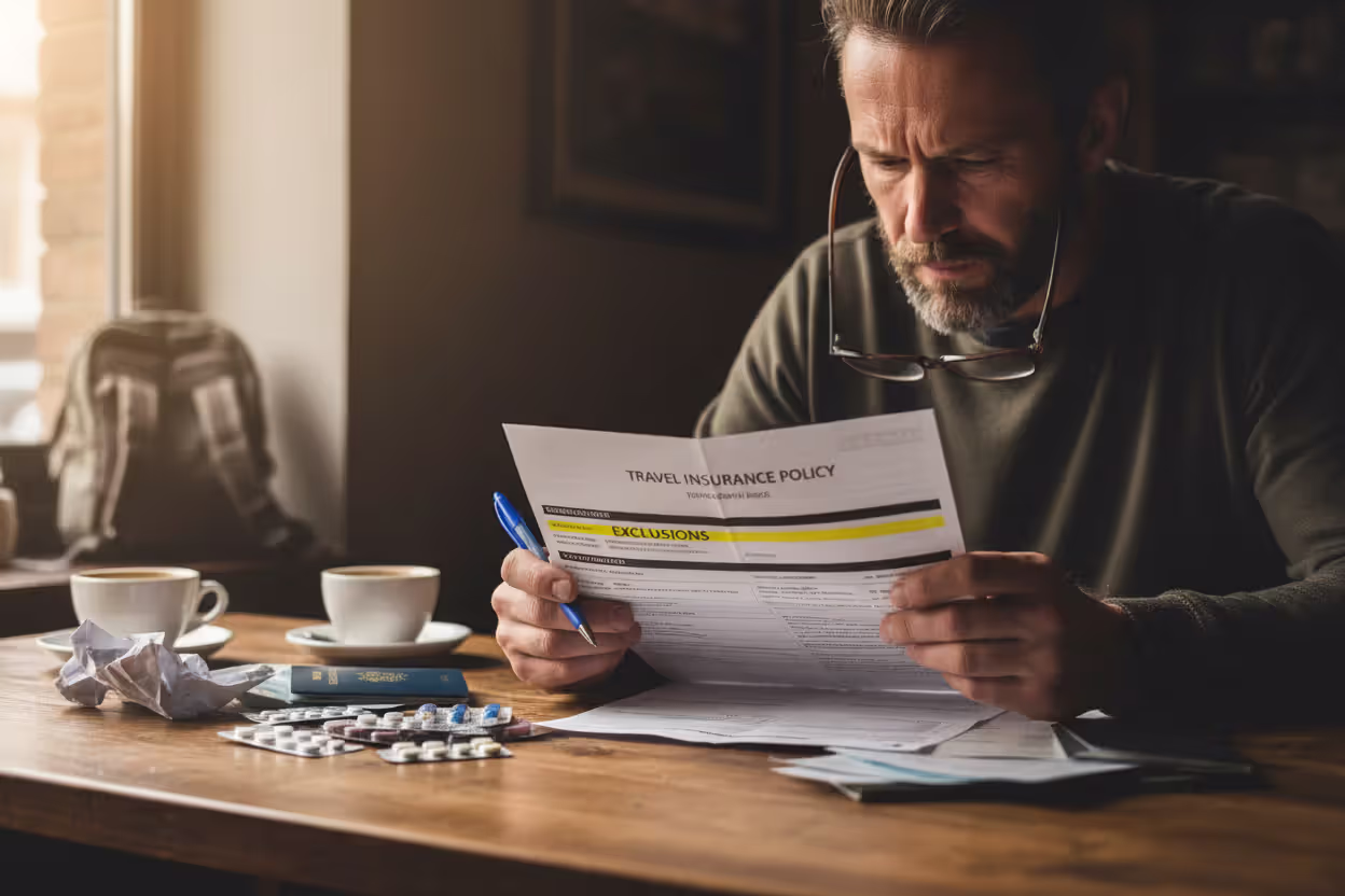 Traveler reviewing travel insurance exclusions and medical conditions in policy documents