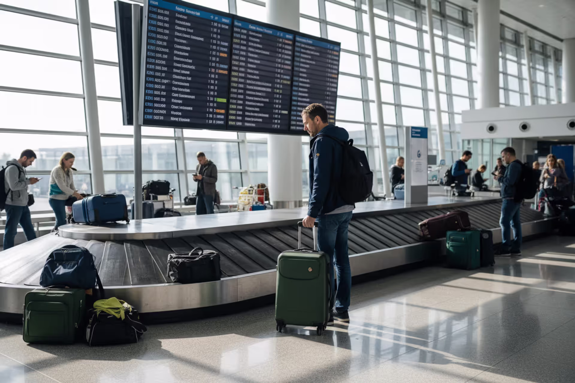 Traveler waiting at airport baggage carousel for missing luggage